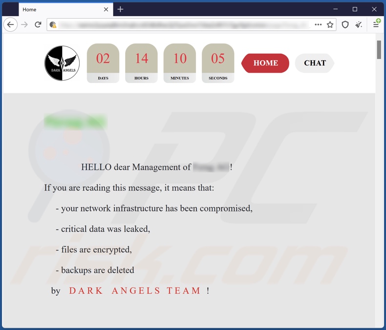 Dark Angels Team ransomware website