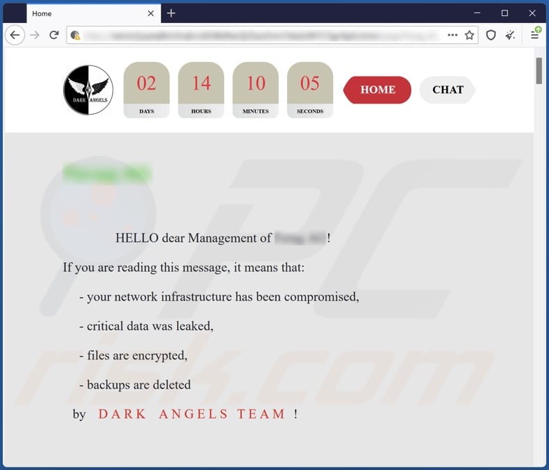 Dark Angels Team ransomware website