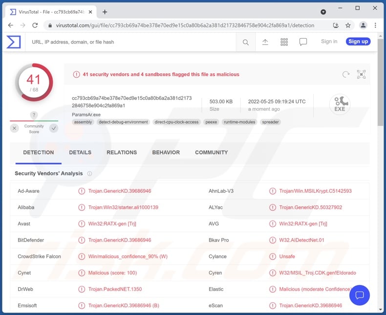 DHL NOTICE OF ARRIVAL email virus attachment detections on VirusTotal (NOTICE OF ARRIVAL.pdf.lzh)