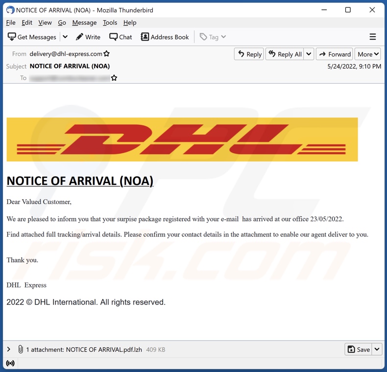 DHL NOTICE OF ARRIVAL email malspam campaign