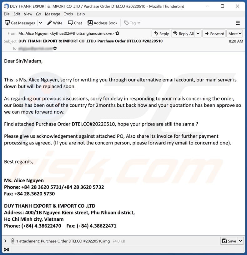 DUY THANH EXPORT malware-spreading email campaign