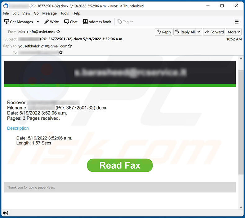 eFax-themed spam email used to promote a phishing site (2022-05-19)