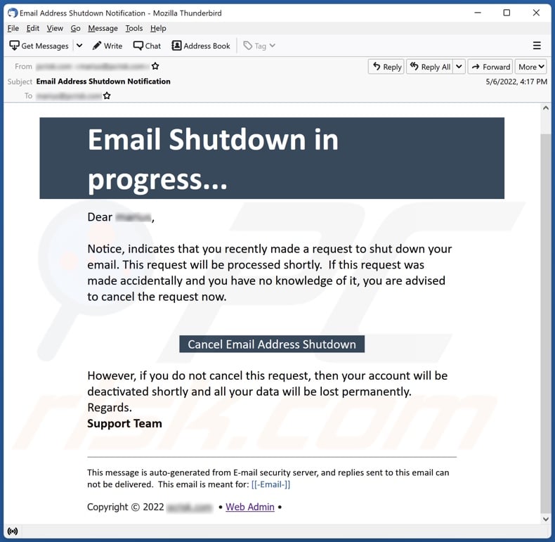 Email Shutdown In Progress email spam campaign