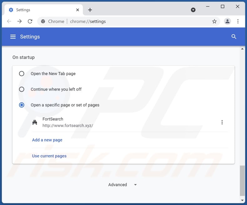 Removing fortsearch.xyz from Google Chrome homepage