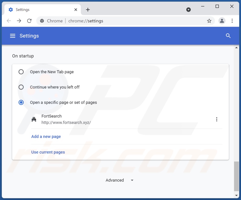 Removing fortsearch.xyz from Google Chrome homepage