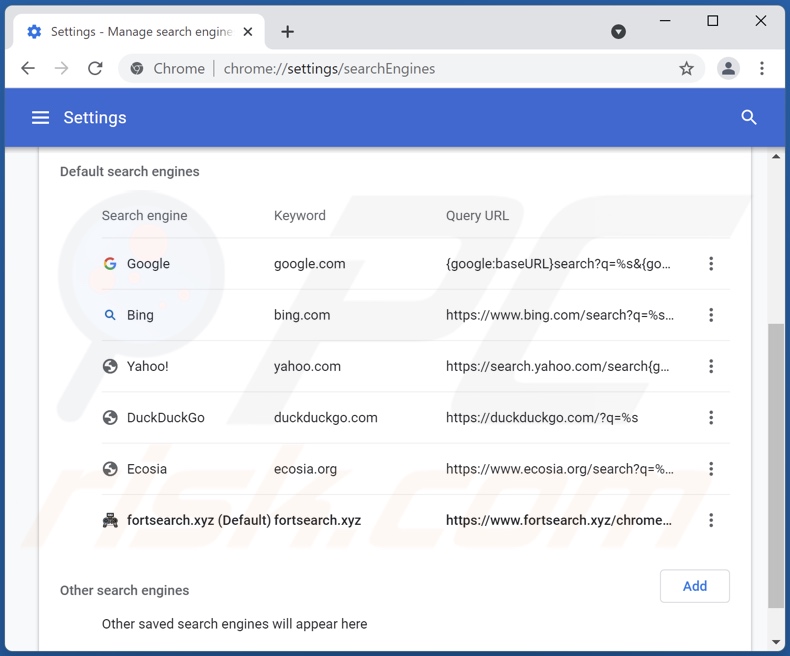 Removing fortsearch.xyz from Google Chrome default search engine