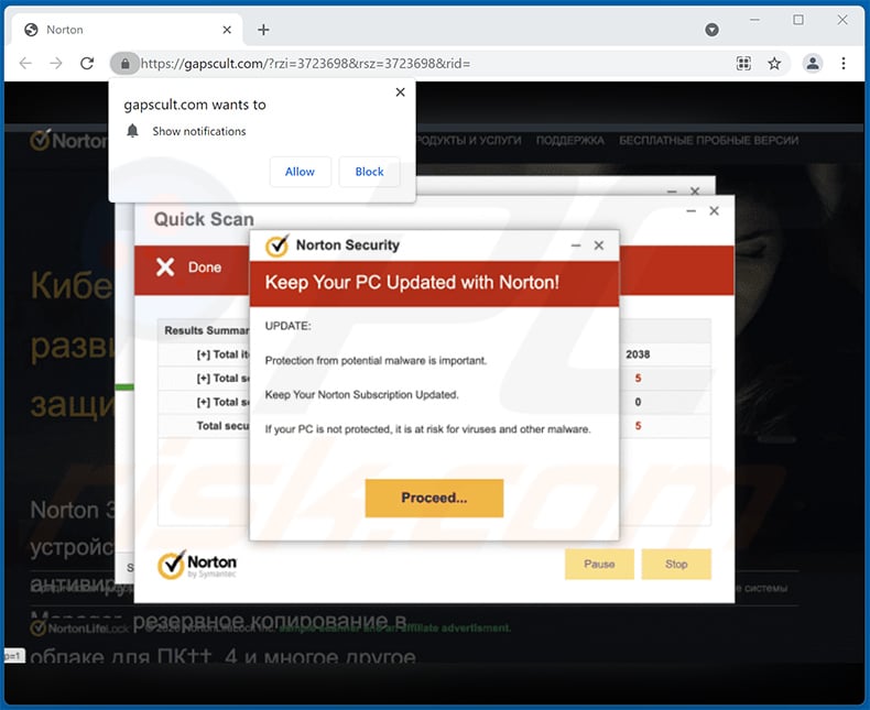 gapscult.com promoting Norton Security - Your Pc Is Infected With 5 Viruses! scam