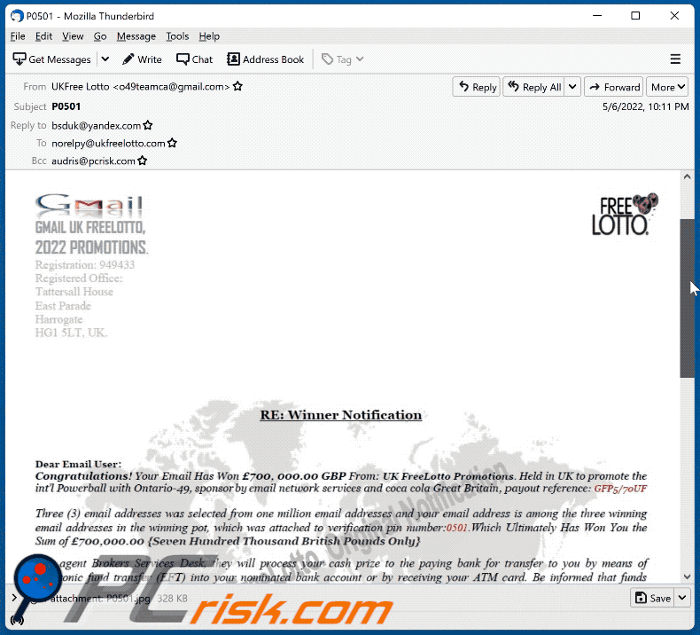 GMAIL UK FREELOTTO email scam appearance