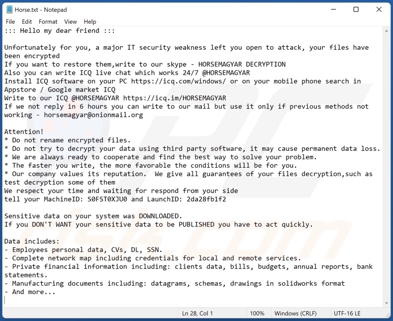 HORSEMAGYAR ransomware ransom-demanding message (Horse.txt)