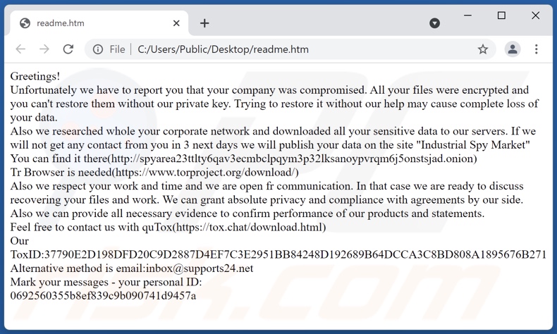 Industrial Spy Market ransomware ransom-demanding message (readme.html)