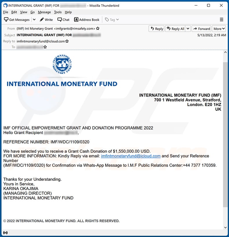 INTERNATIONAL MONETARY FUND-themed spam email (2022-05-14)