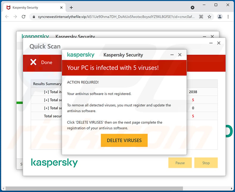 Kaspersky - Your PC Is infected With 5 viruses! pop-up scam (2022-05-11)