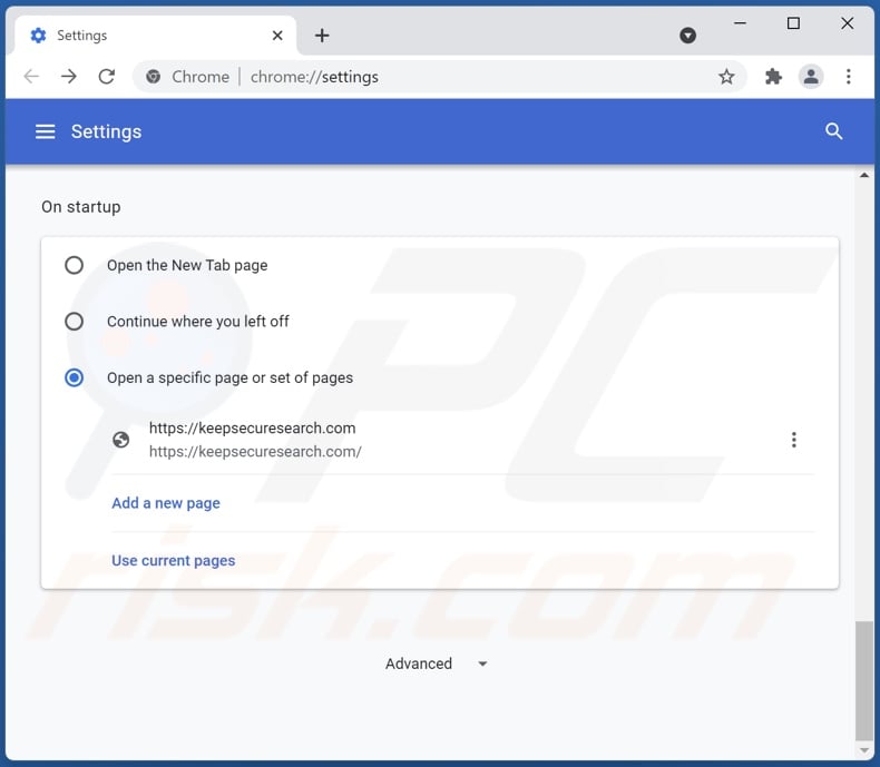 Removing keepsecuresearch.com from Google Chrome homepage