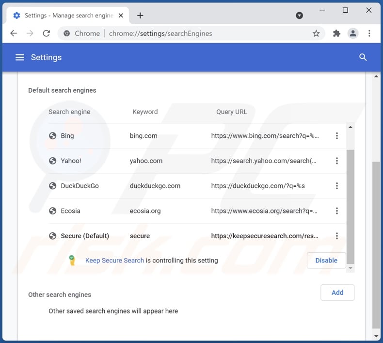 Removing keepsecuresearch.com from Google Chrome default search engine