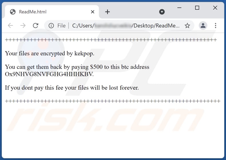 Kekpop ransomware text file (ReadMe.html)