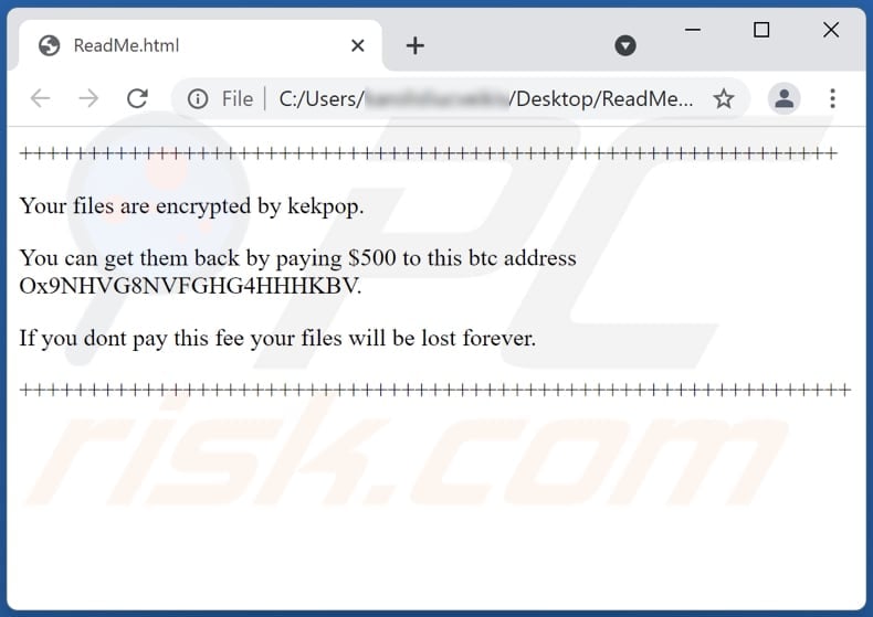 Kekpop ransomware text file (ReadMe.html)