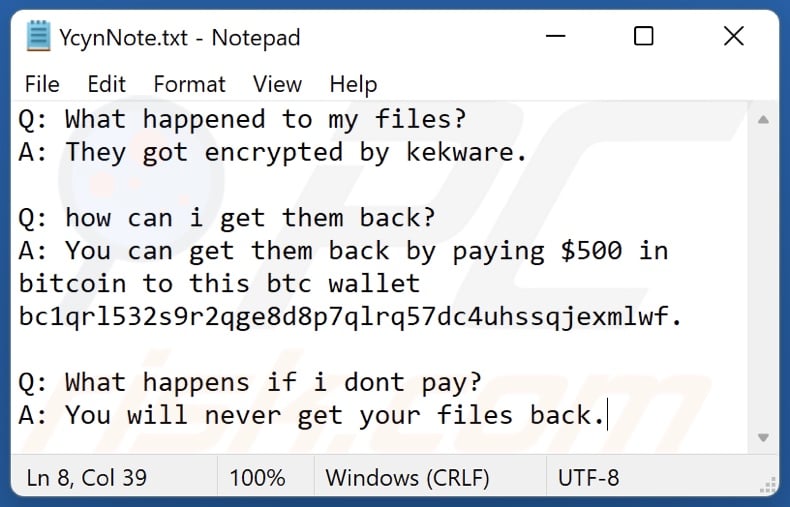 Kekware ransomware ransom-demanding message (YcynNote.txt)