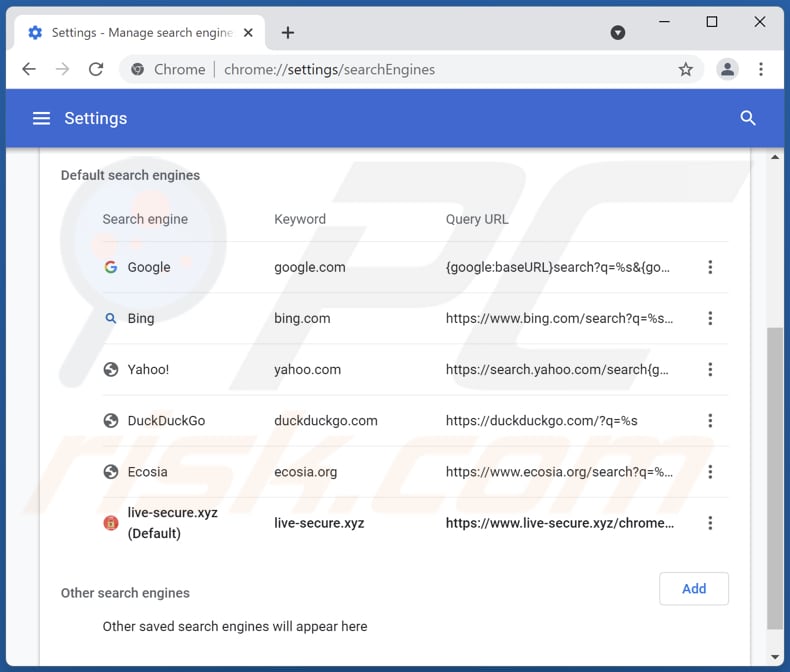 Removing live-secure.xyz from Google Chrome default search engine