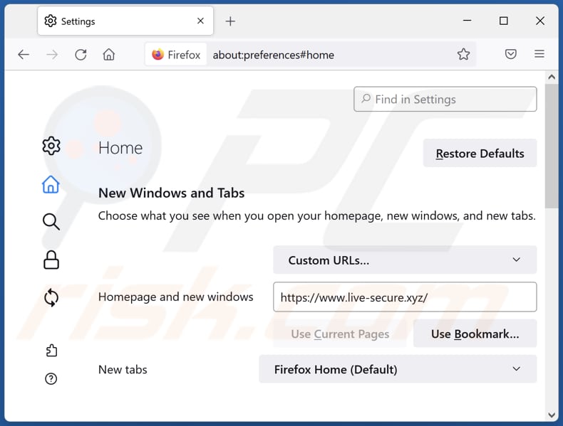 Removing live-secure.xyz from Mozilla Firefox homepage