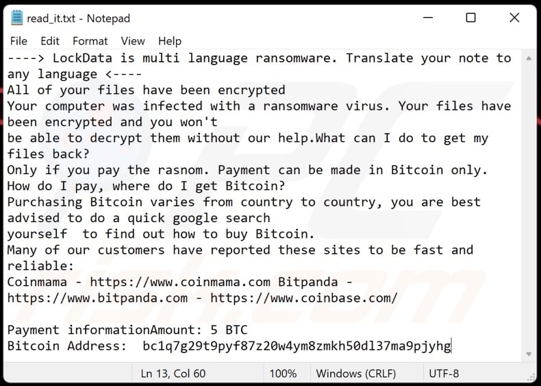 LockData ransomware ransom-demanding message (read_it.txt)
