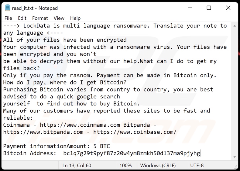 LockData ransomware ransom-demanding message (read_it.txt)