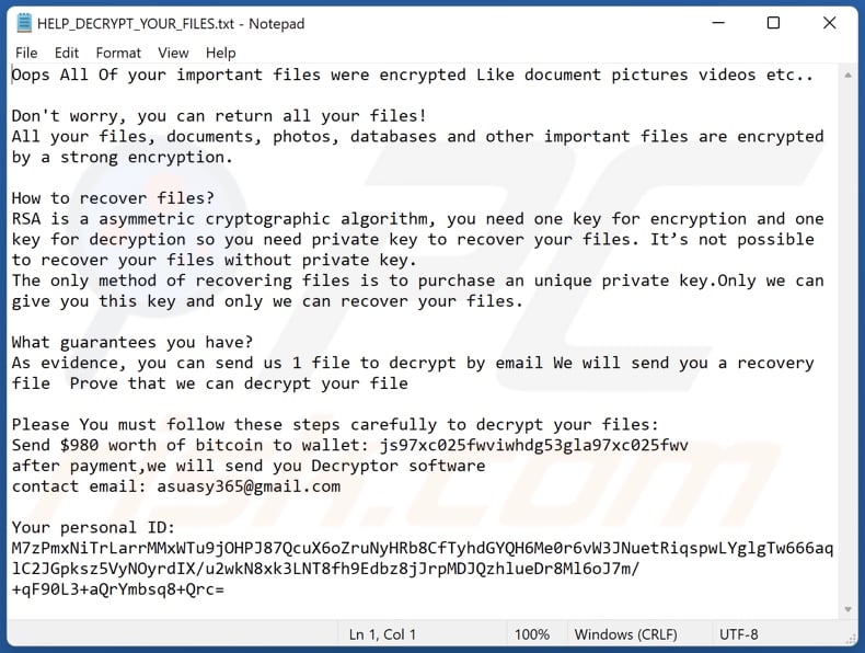 lXXwXXXNQ ransomware ransom-demanding message (HELP_DECRYPT_YOUR_FILES.txt)