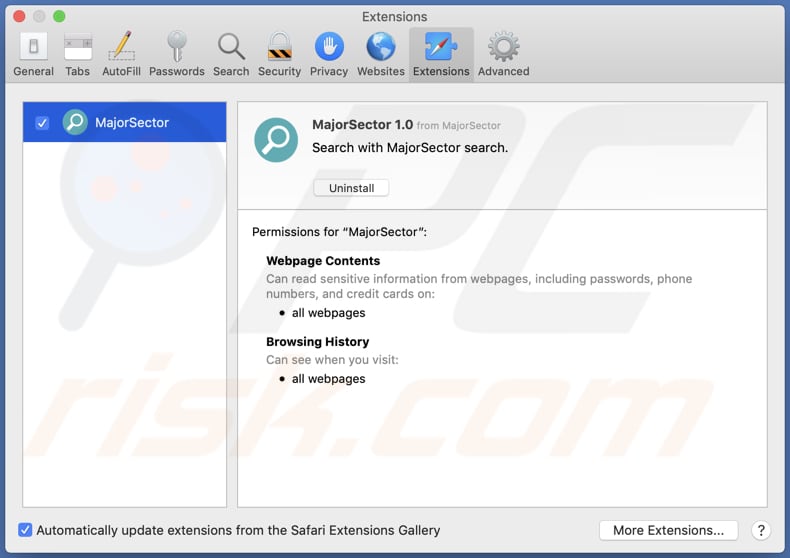 majorsector adware installed on safari