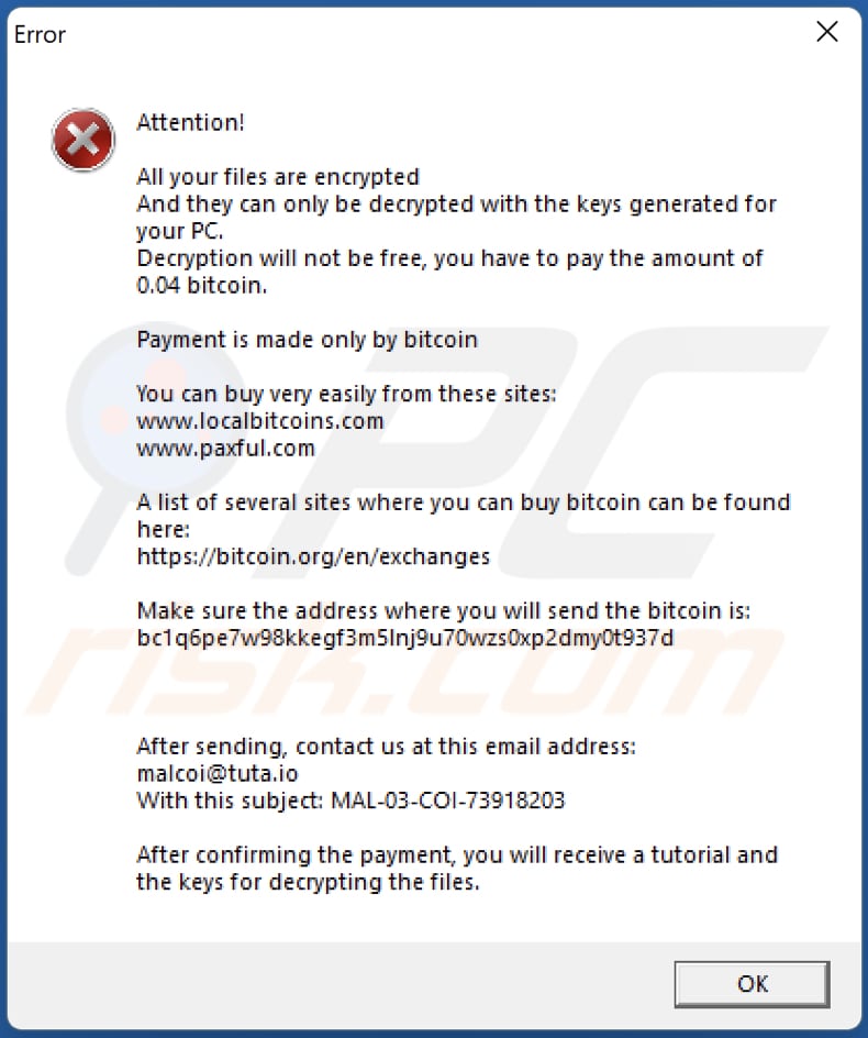 mal ransomware ransom note in error window