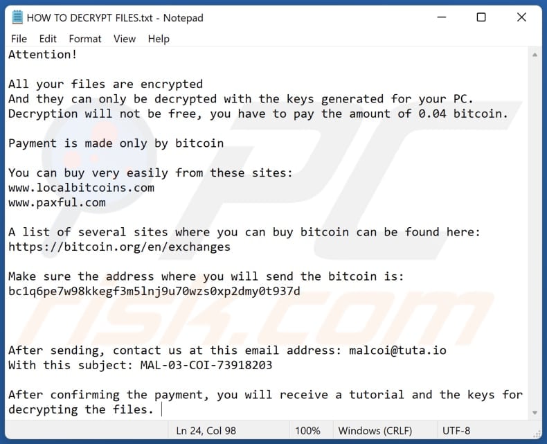 Mal ransomware text file (HOW TO DECRYPT FILES.txt)