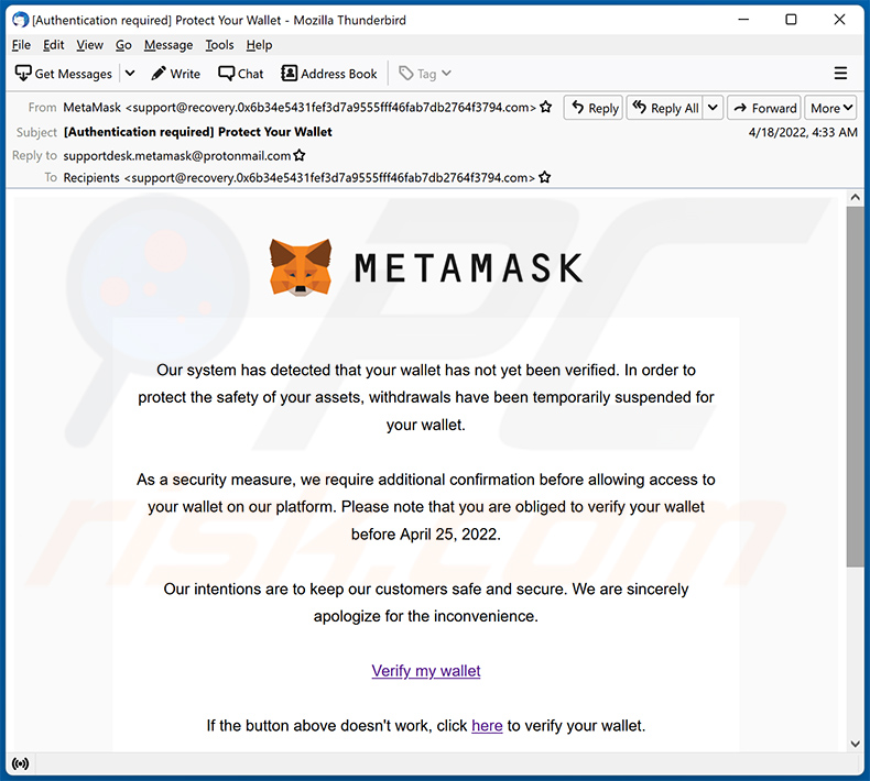 MetaMask-themed spam email (2022-05-25)