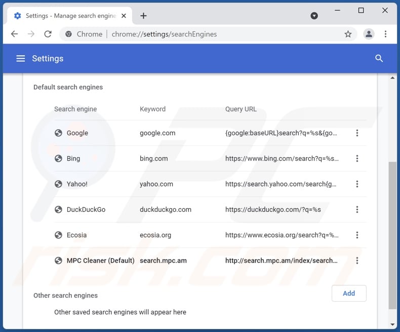 Removing search.mpc.am from Google Chrome default search engine