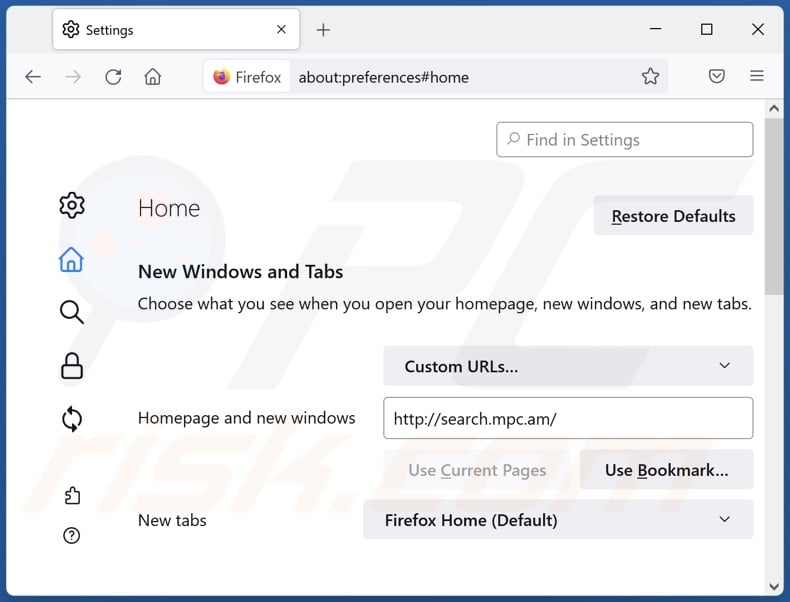 Removing search.mpc.am from Mozilla Firefox homepage