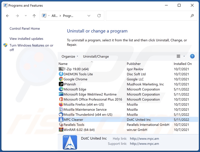 MPC Cleaner unwanted application uninstall via Control Panel