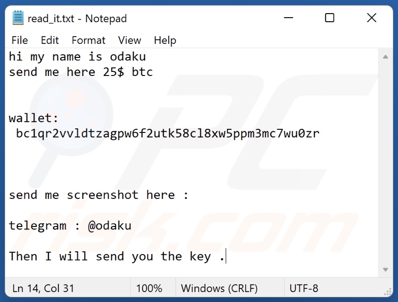 Odaku ransomware ransom-demanding message (read_it.txt)