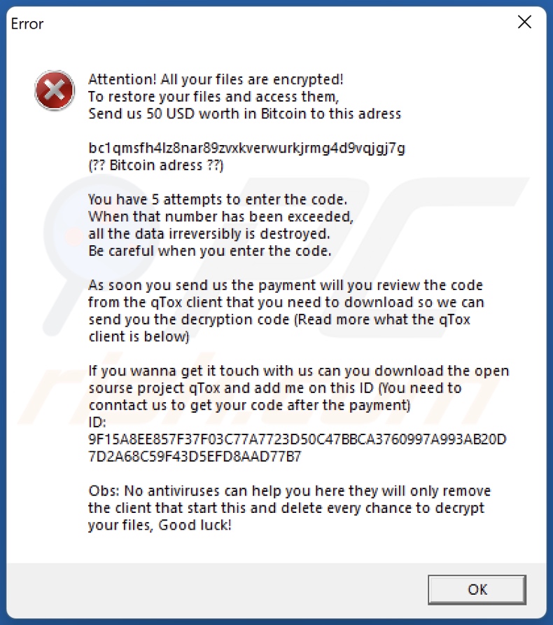 Pay ransomware ransom-demanding message (pop-up)