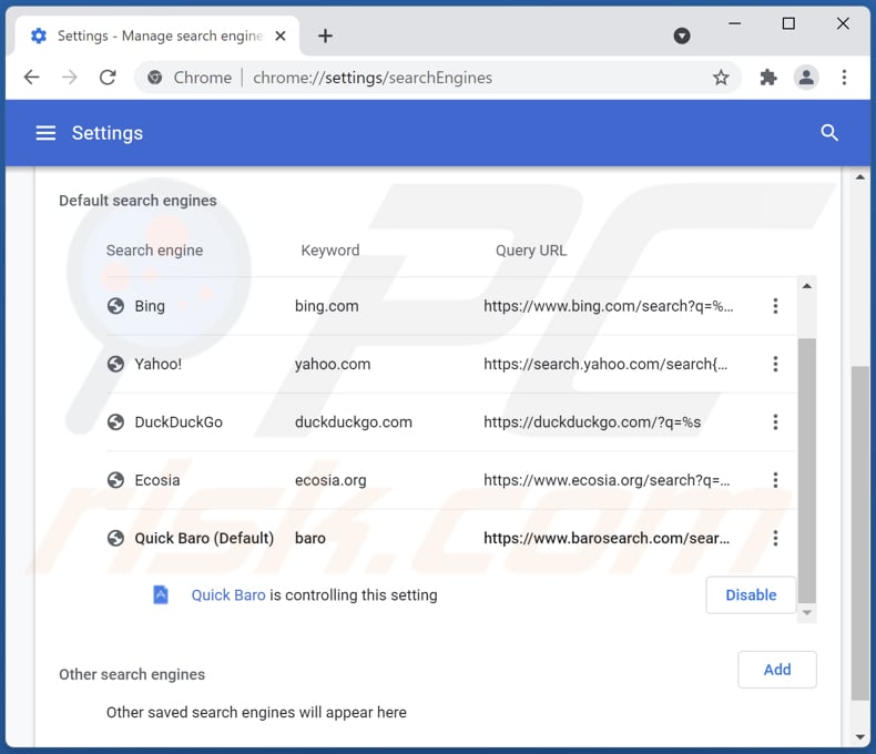 Removing barosearch.com from Google Chrome default search engine