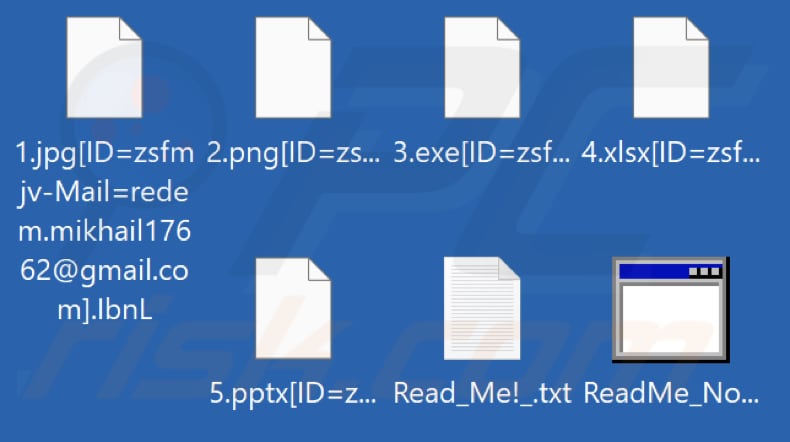 Files encrypted by Redem Mikhail ransomware (with four random characters as the extension)