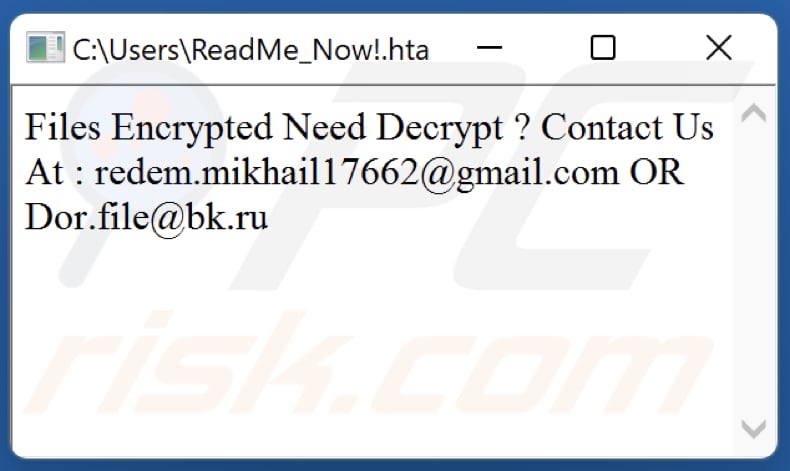 Redem Mikhail ransomware text file (ReadMe_Now!.hta)