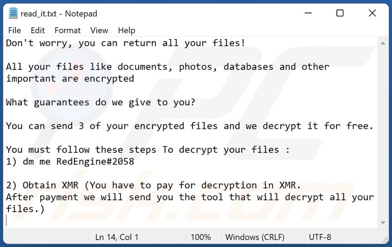 RedEngine ransomware ransom-demanding message (read_it.txt)