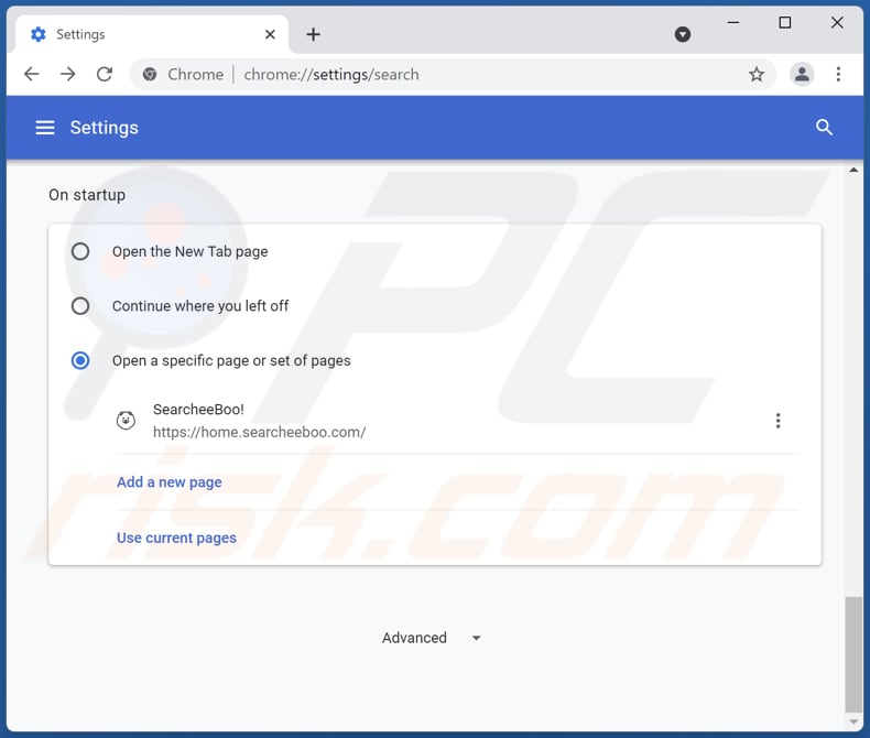 Removing searcheeboo.com from Google Chrome homepage