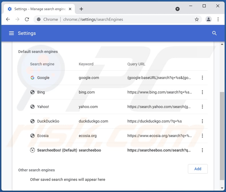 Removing searcheeboo.com from Google Chrome default search engine