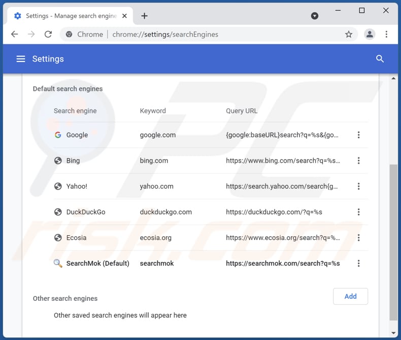 Removing searchmok.com from Google Chrome default search engine