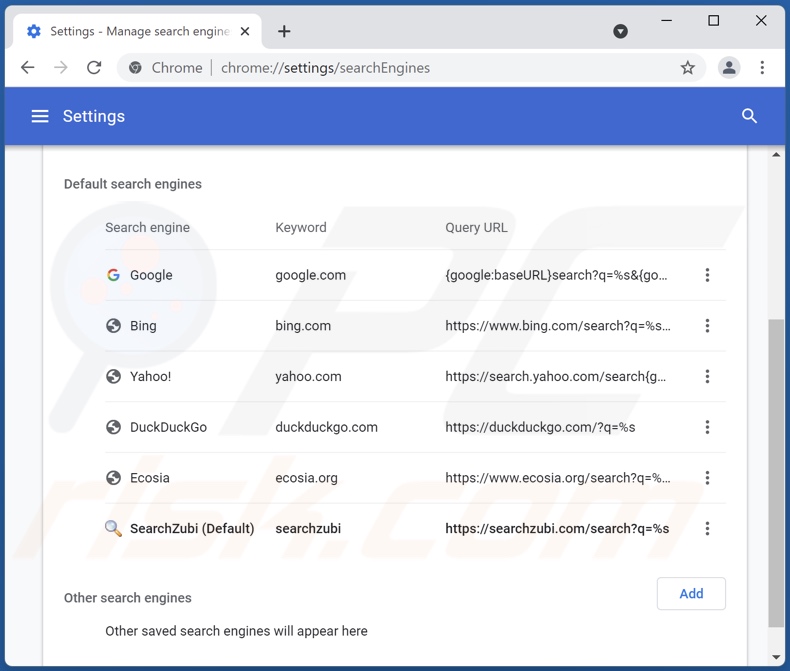 Removing searchzubi.com from Google Chrome default search engine