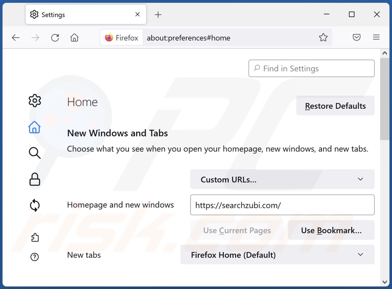 Removing searchzubi.com from Mozilla Firefox homepage