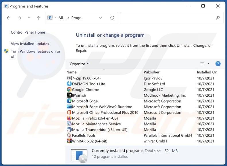 Settings adware uninstall via Control Panel