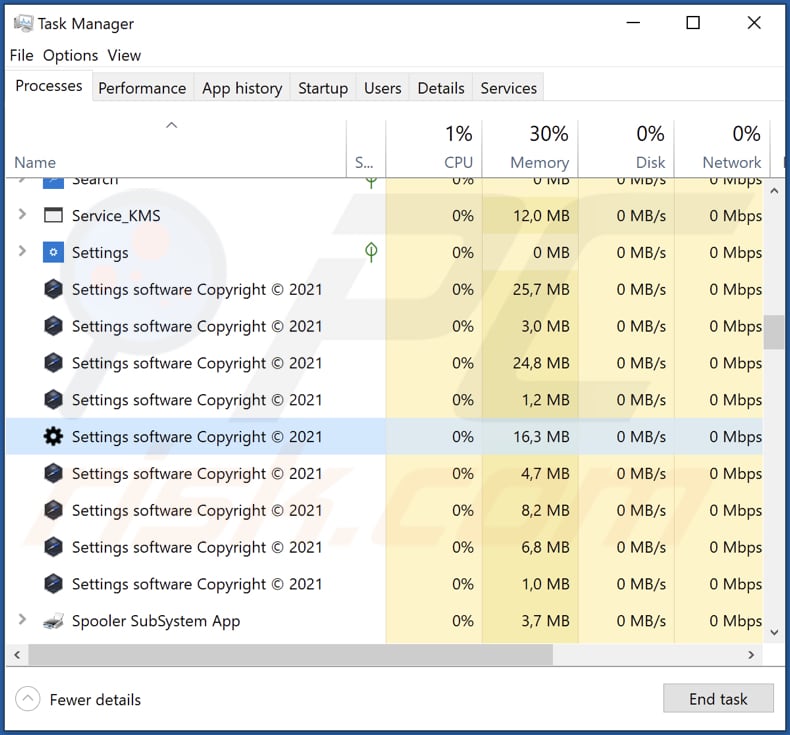 settings adware running in the task manager as Settings software Copyright © 2021