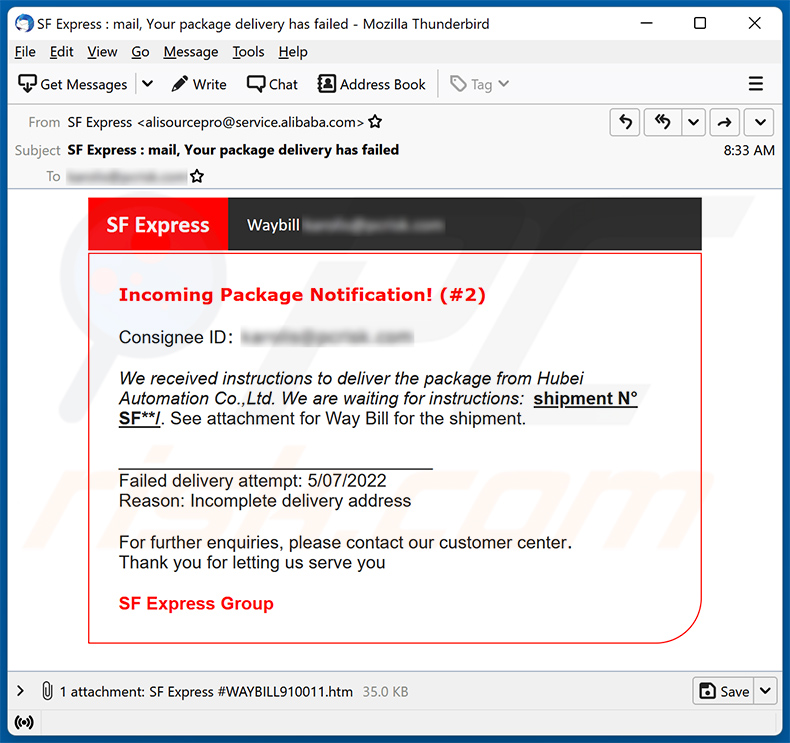 SF Express-themed spam email (2022-05-09)