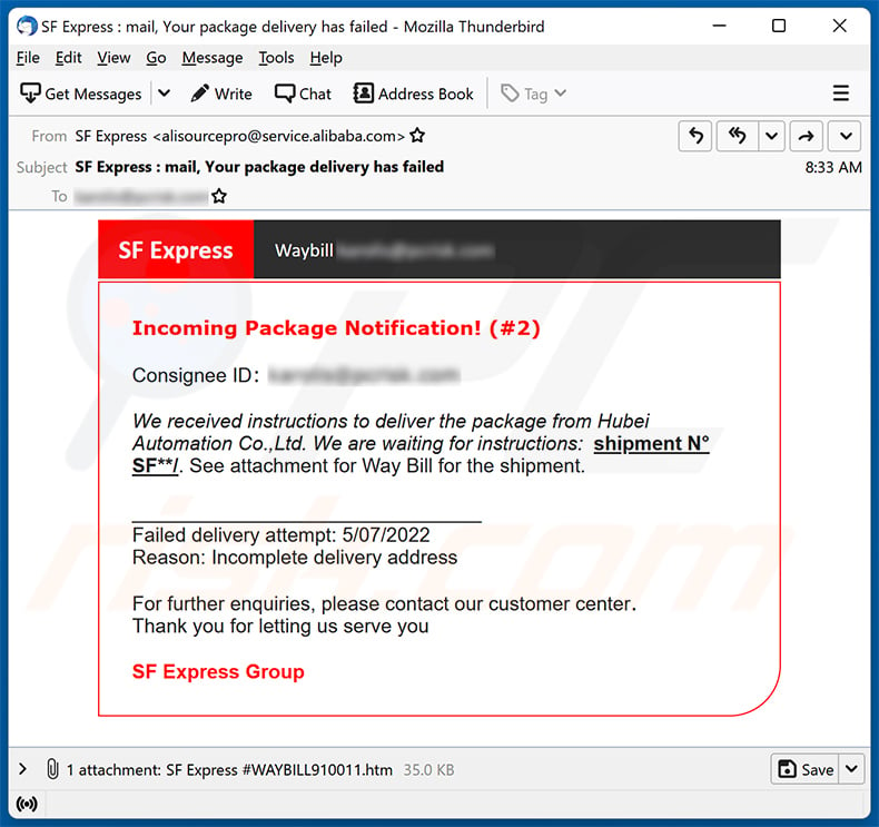 SF Express-themed spam email (2022-05-09)