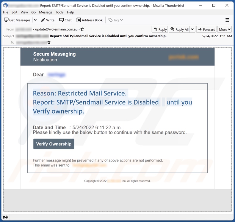 SMTP/Sendmail Service is Disabled email spam campaign