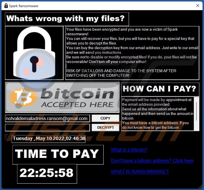 Spark ransomware ransom note in a pop-up window